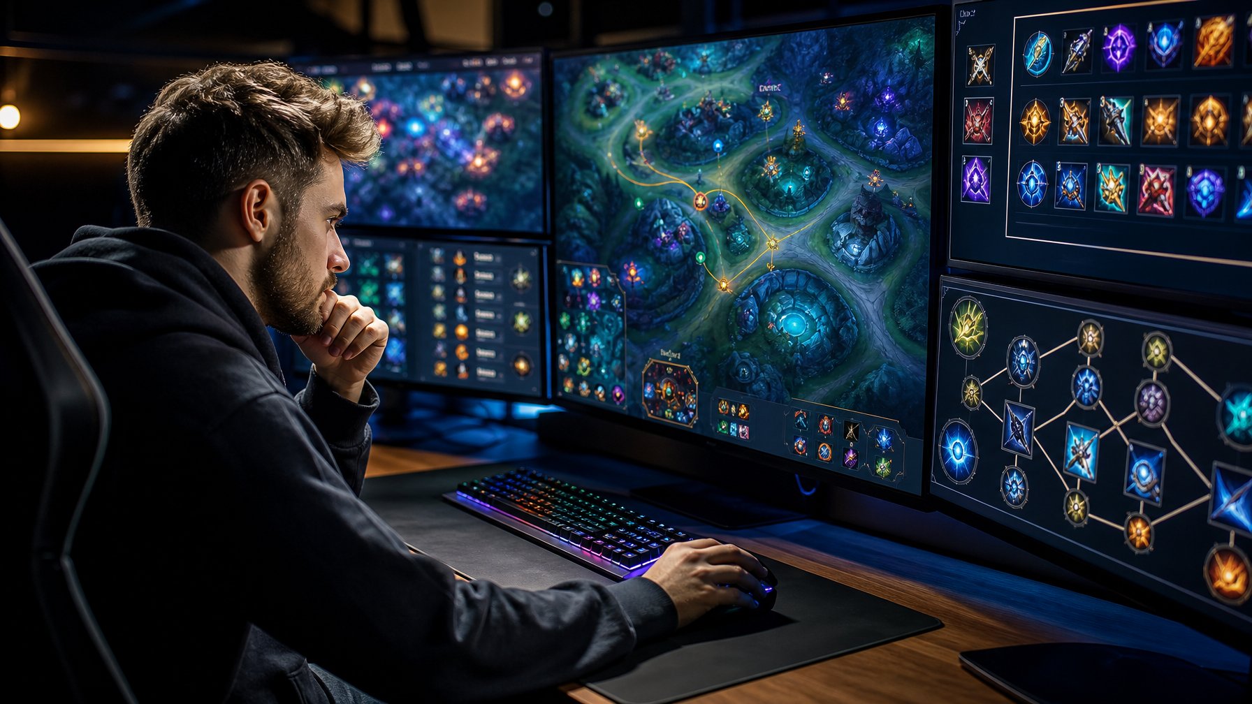 Pemain esports menganalisis strategi item dan jalur hutan MOBA di depan beberapa monitor.