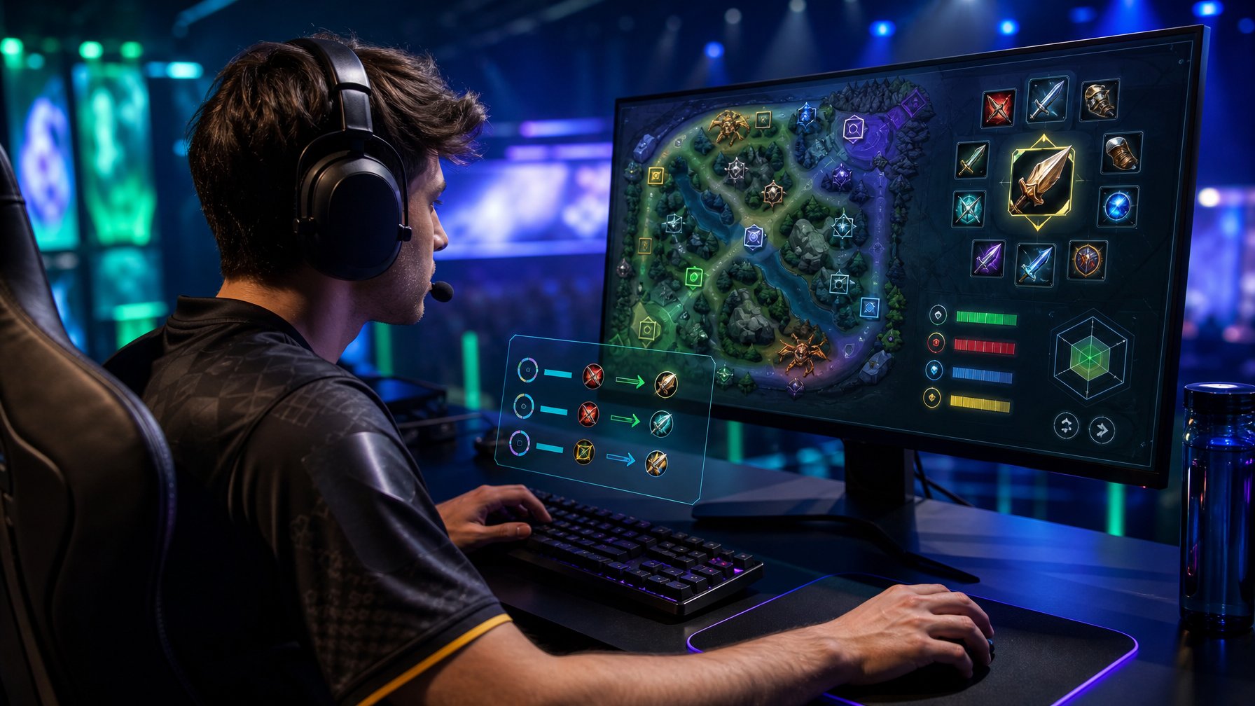 Pemain esports menganalisis pilihan perlengkapan jungler MOBA di depan monitor dalam suasana arena kompetitif.