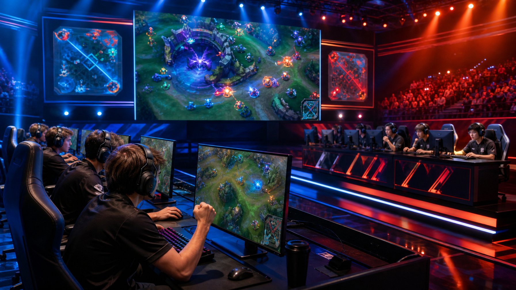 Dua tim esports bertanding sengit di panggung grand final dengan layar permainan yang menampilkan perebutan kendali peta.