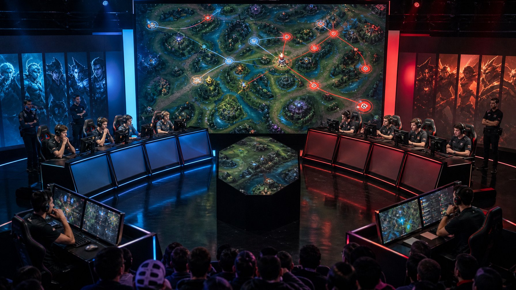 Pemain esports MOBA menyusun strategi di panggung grand final dengan tampilan peta permainan yang menunjukkan perubahan kendali.