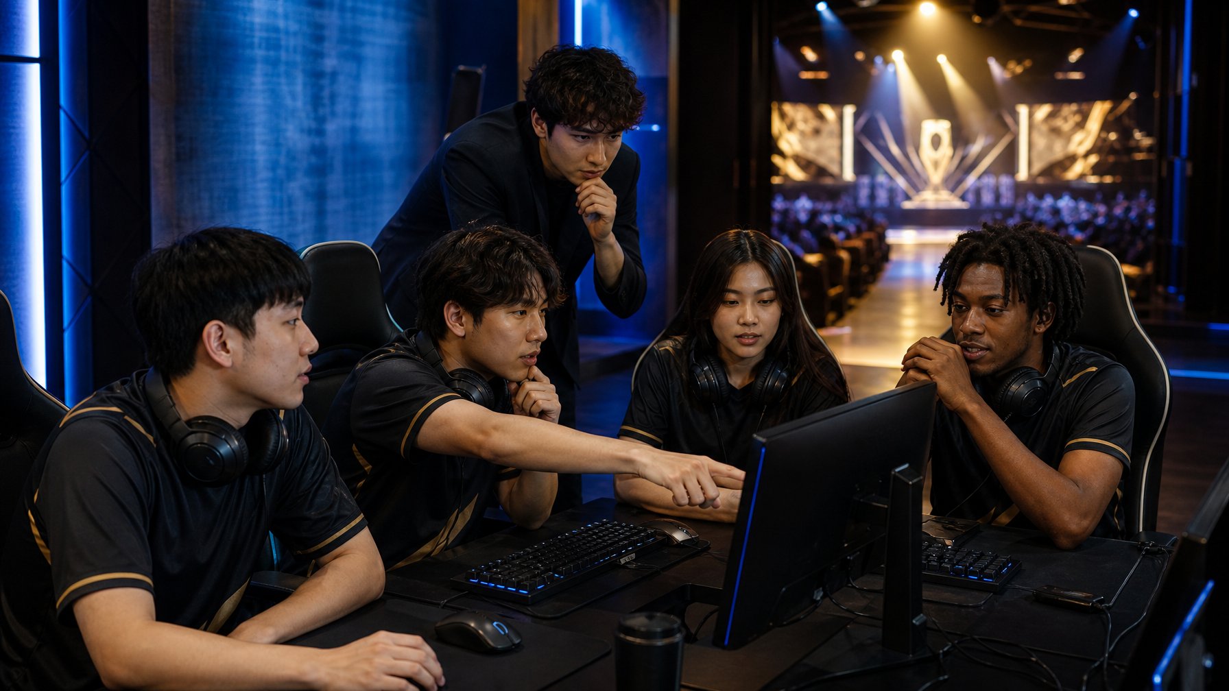 Tim esports yang gigih berlatih bersama menuju panggung utama kejuaraan dunia.