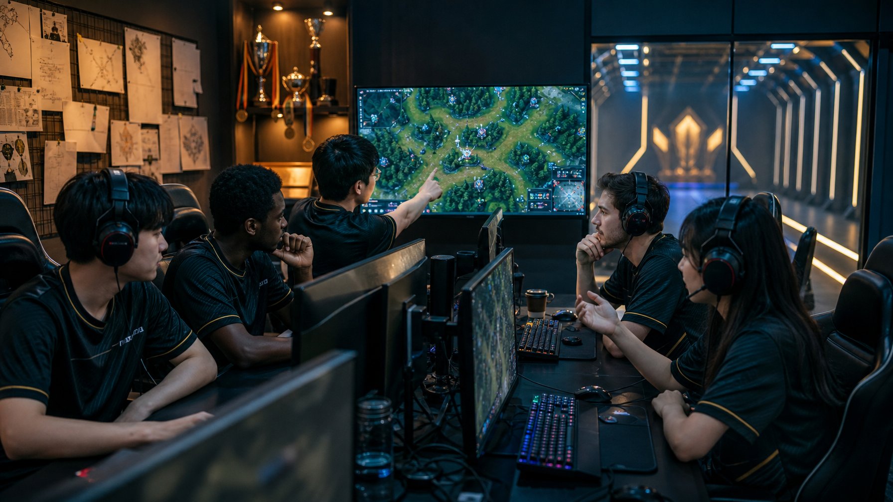 Lima pemain tim esports sedang berlatih dan menyusun strategi bersama di ruang latihan.