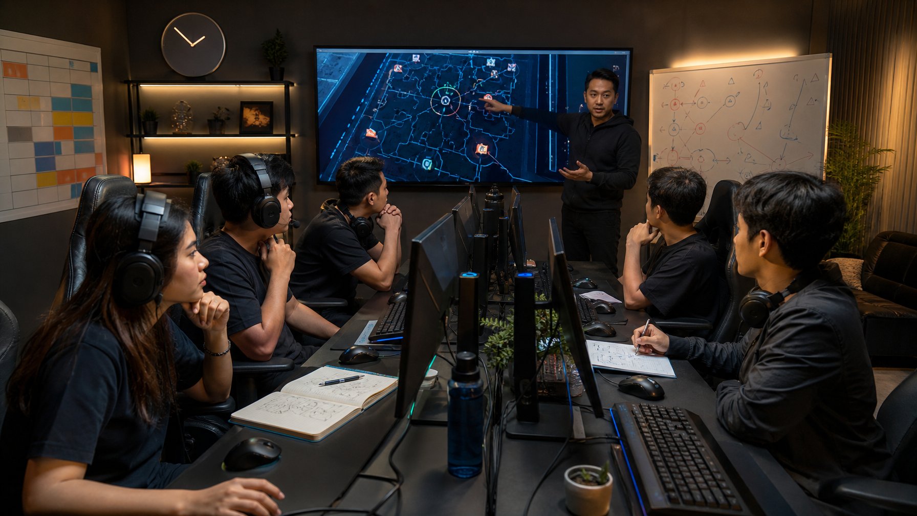 Tim pemain MOBA profesional berlatih dan membahas strategi bersama pelatih di ruang latihan esports.