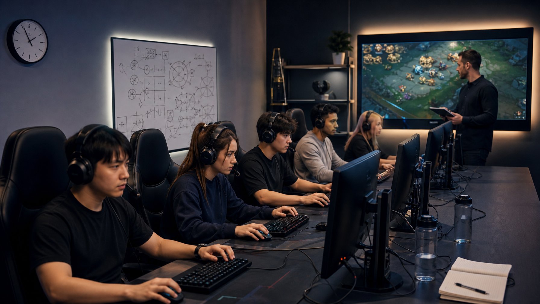 Tim esports profesional berlatih bersama di ruang bootcamp dengan pelatih yang mengawasi.