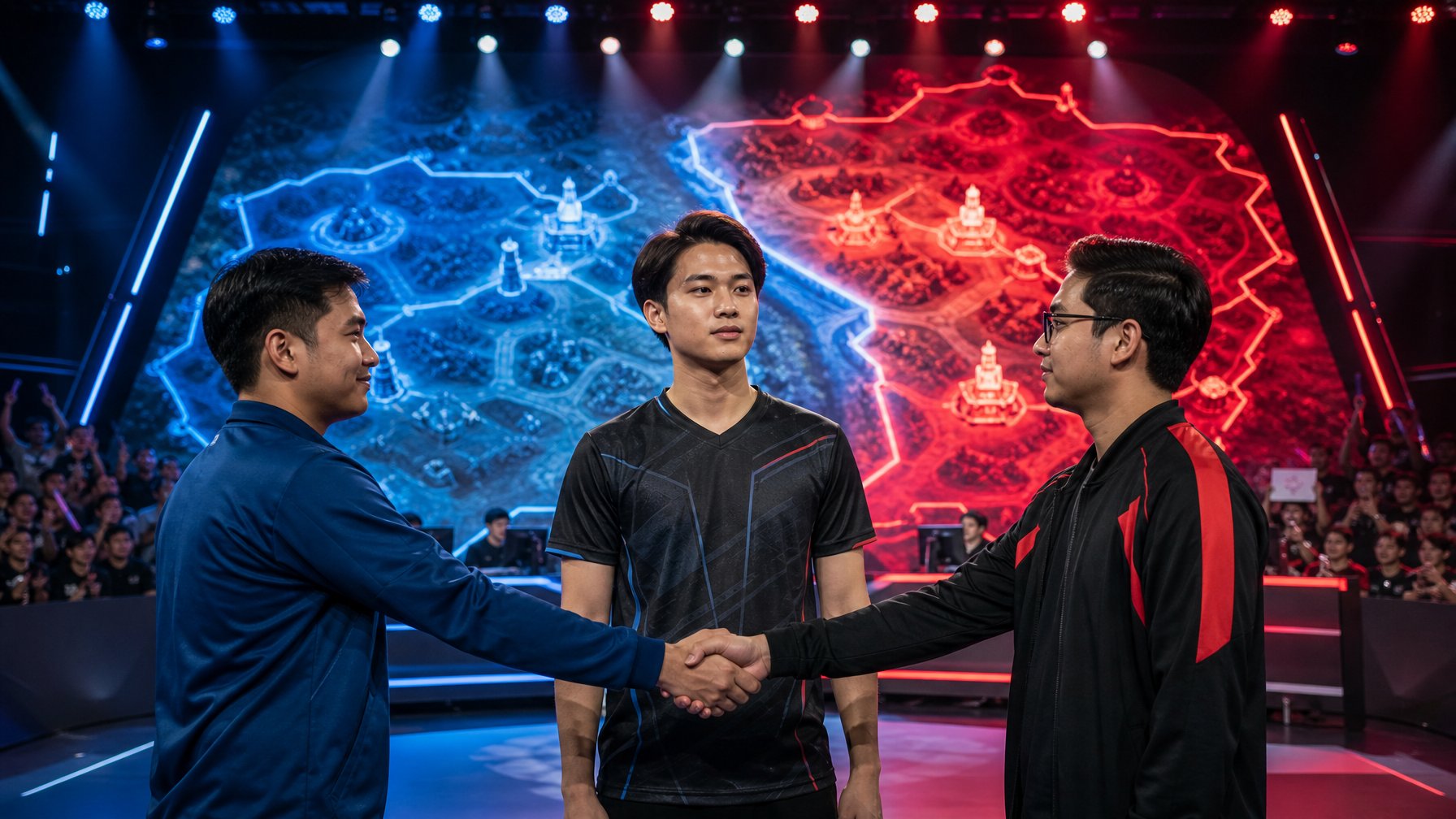 Pemain esports MOBA berjabat tangan dalam acara transfer di panggung arena, dengan peta kompetisi bercahaya di latar belakang.