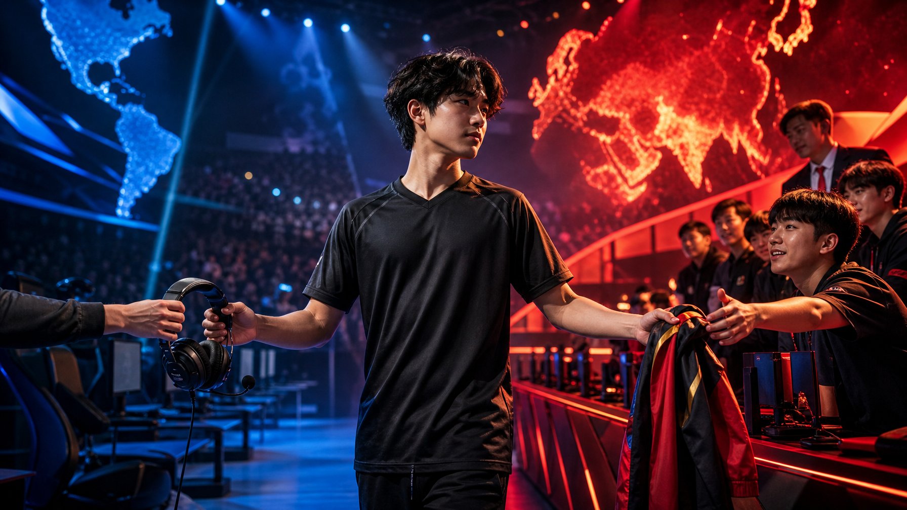 Pemain esports berdiri di antara dua area tim dalam arena MOBA, melambangkan perpindahan yang mengubah kekuatan regional.