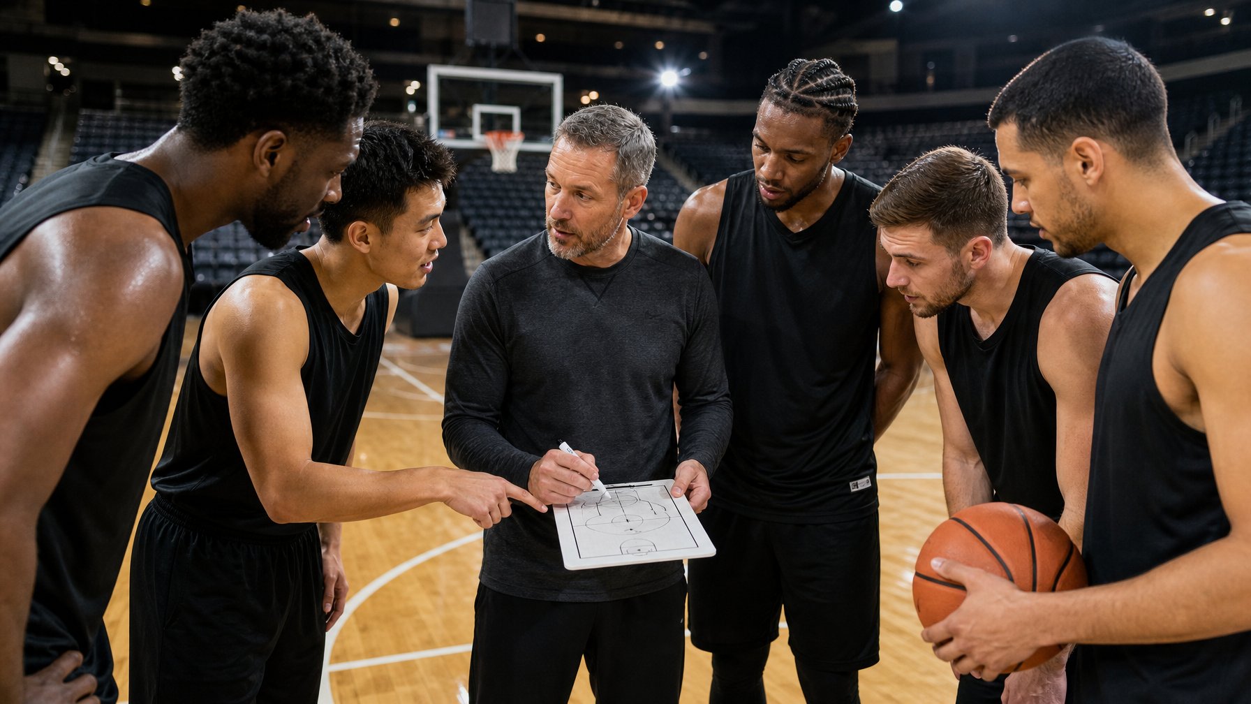 Pelatih berdiskusi dekat dengan para pemain inti di lapangan basket.