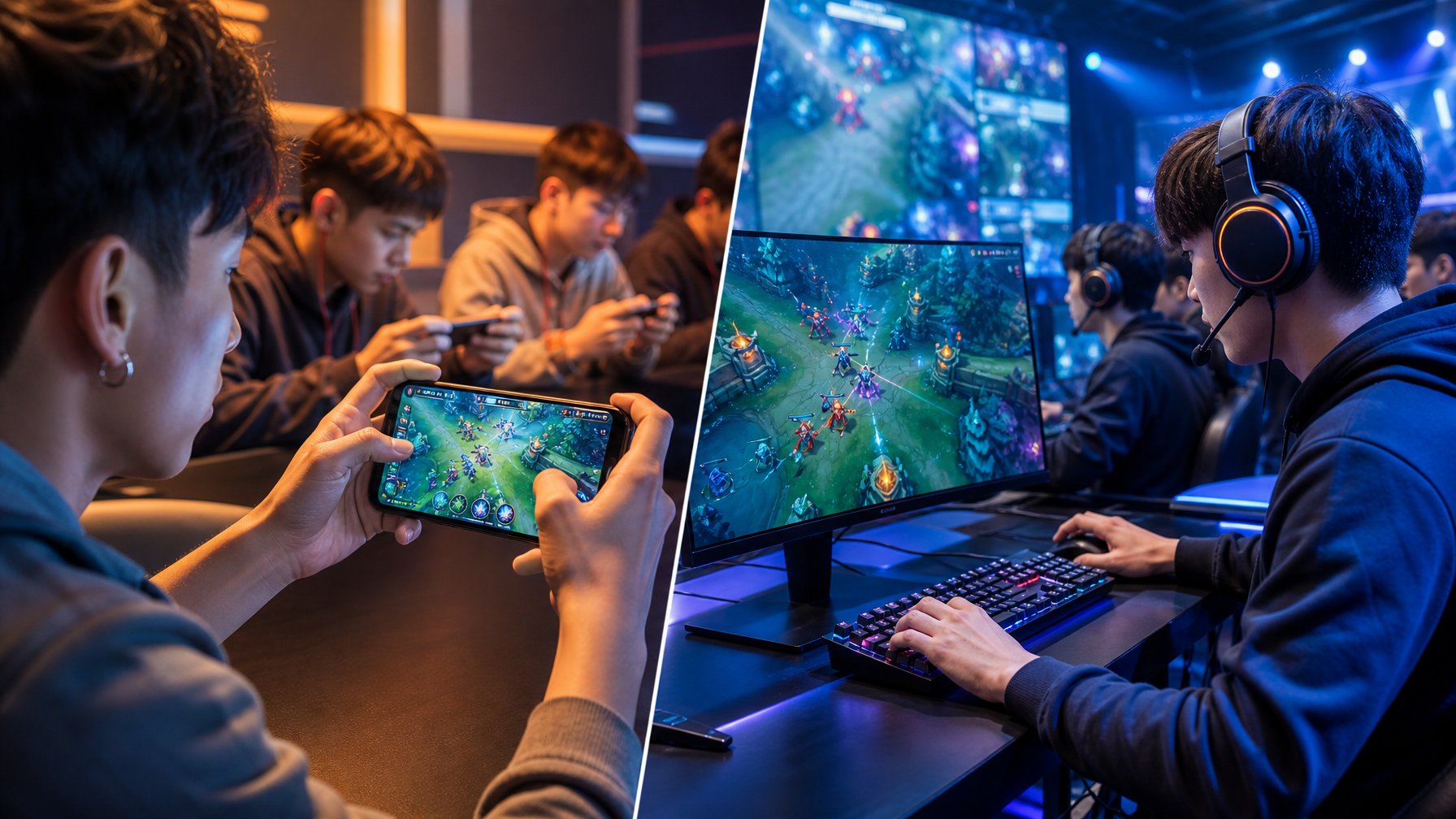 Pemain menggunakan ponsel dan komputer untuk bermain gim MOBA dalam suasana ruang esports modern.