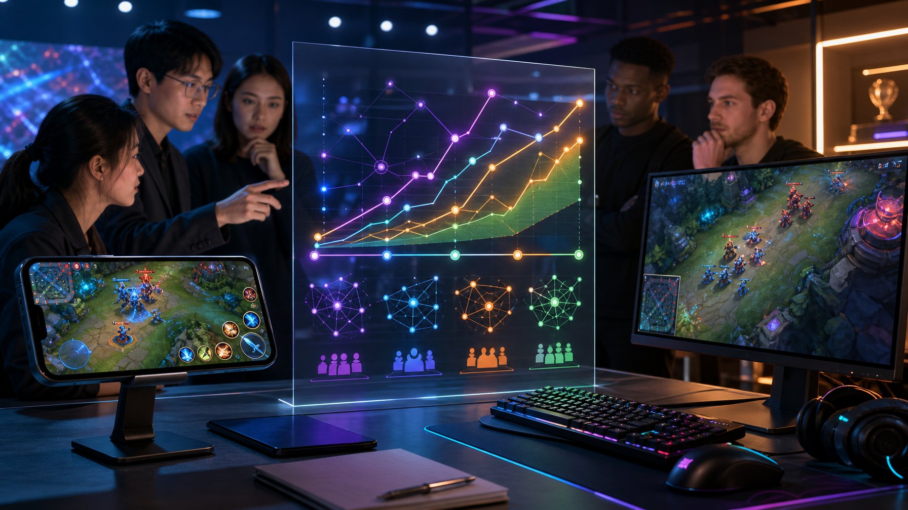 Analis dan pemain esports membandingkan permainan MOBA di ponsel dan komputer dalam studio modern dengan visualisasi tren abstrak.