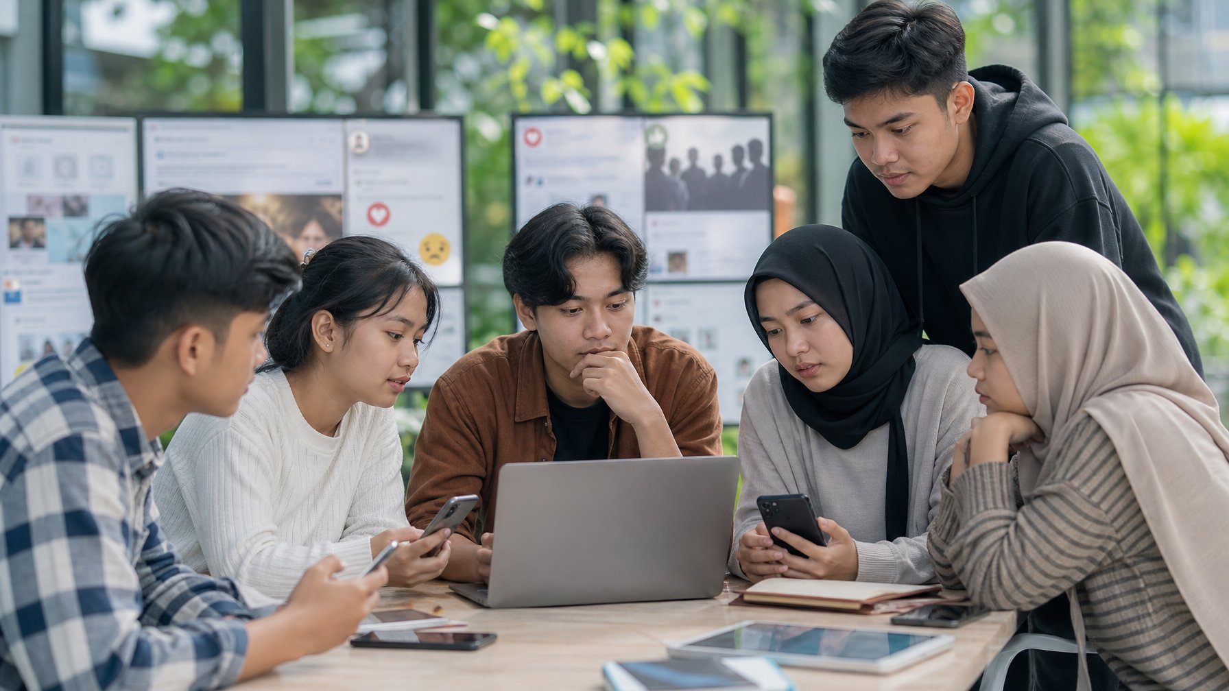 Sekelompok pemilih pemula berdiskusi sambil menggunakan ponsel dan laptop dalam suasana perkotaan modern.