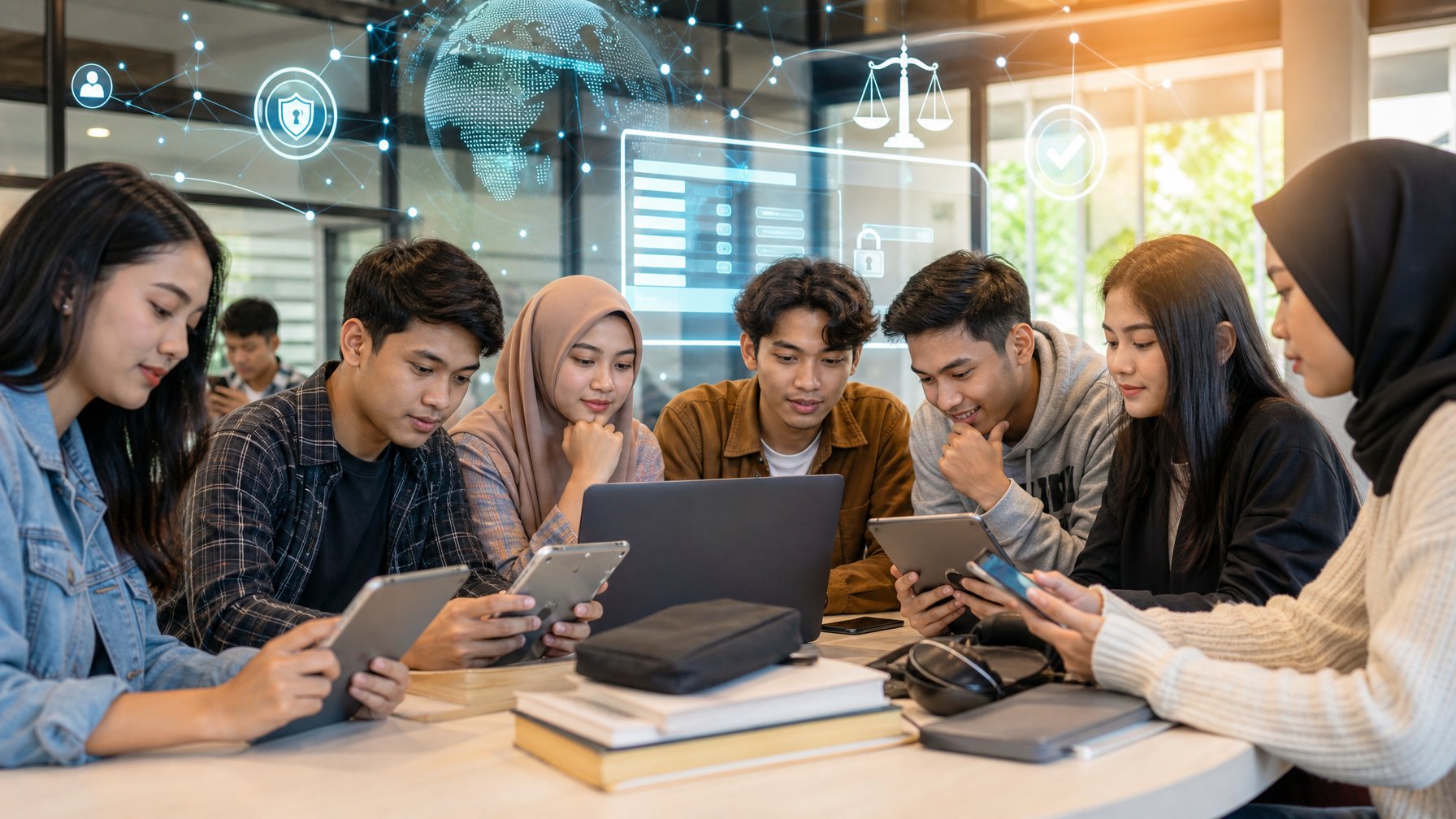 Sekelompok pemilih pemula Indonesia berdiskusi sambil menggunakan perangkat digital di ruang publik modern.