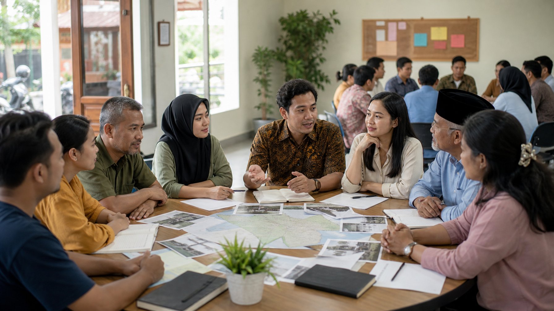 Sekelompok warga Indonesia berdiskusi secara damai dalam kegiatan pendidikan politik di ruang komunitas.