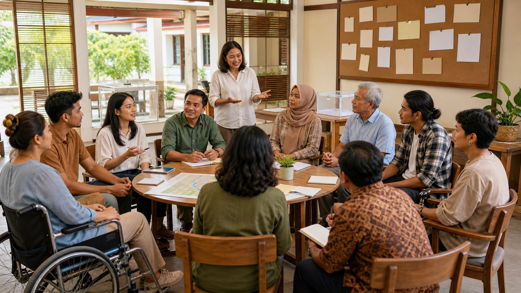Sekelompok warga Indonesia berdiskusi secara inklusif dalam kegiatan pendidikan politik di ruang komunitas.