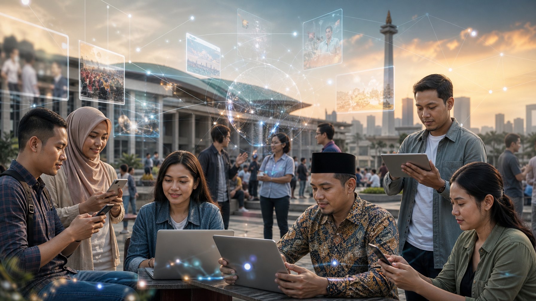 Sekelompok warga menggunakan perangkat digital dan berdiskusi dalam suasana menjelang pemilu, dengan jaringan data abstrak menghubungkan mereka.