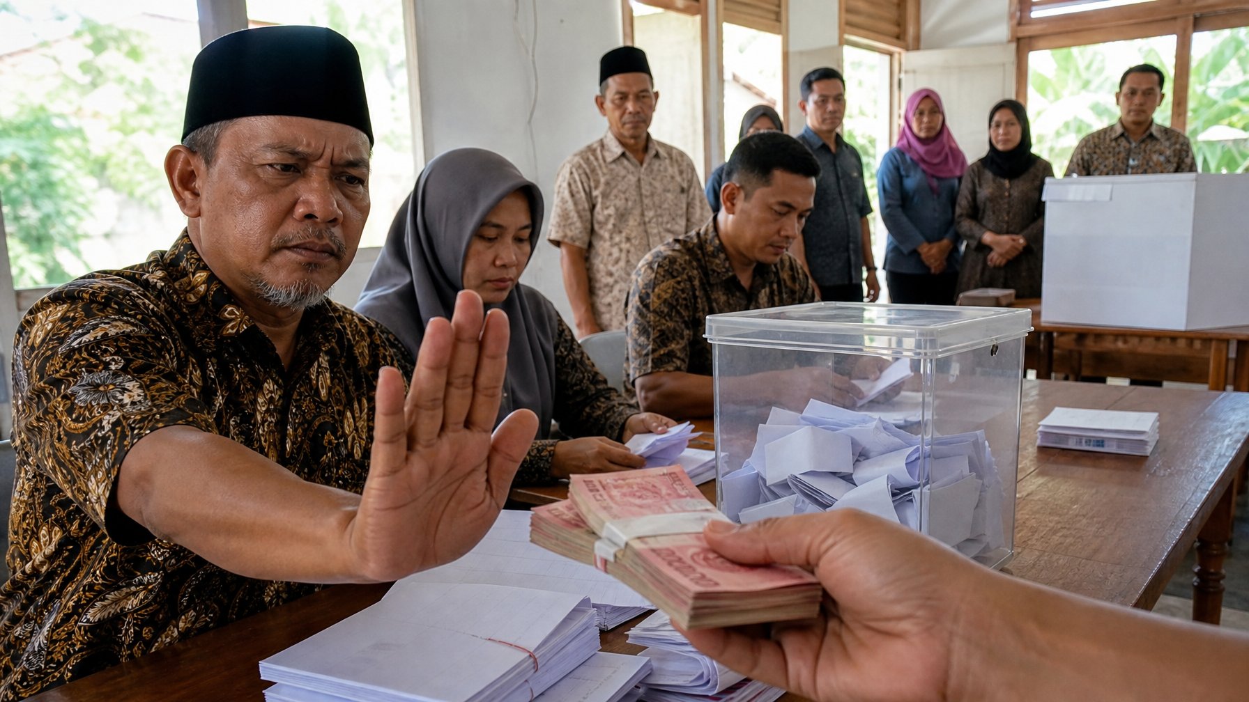 Petugas pemilu menghitung surat suara sementara seseorang menawarkan uang dan petugas lain menolaknya.