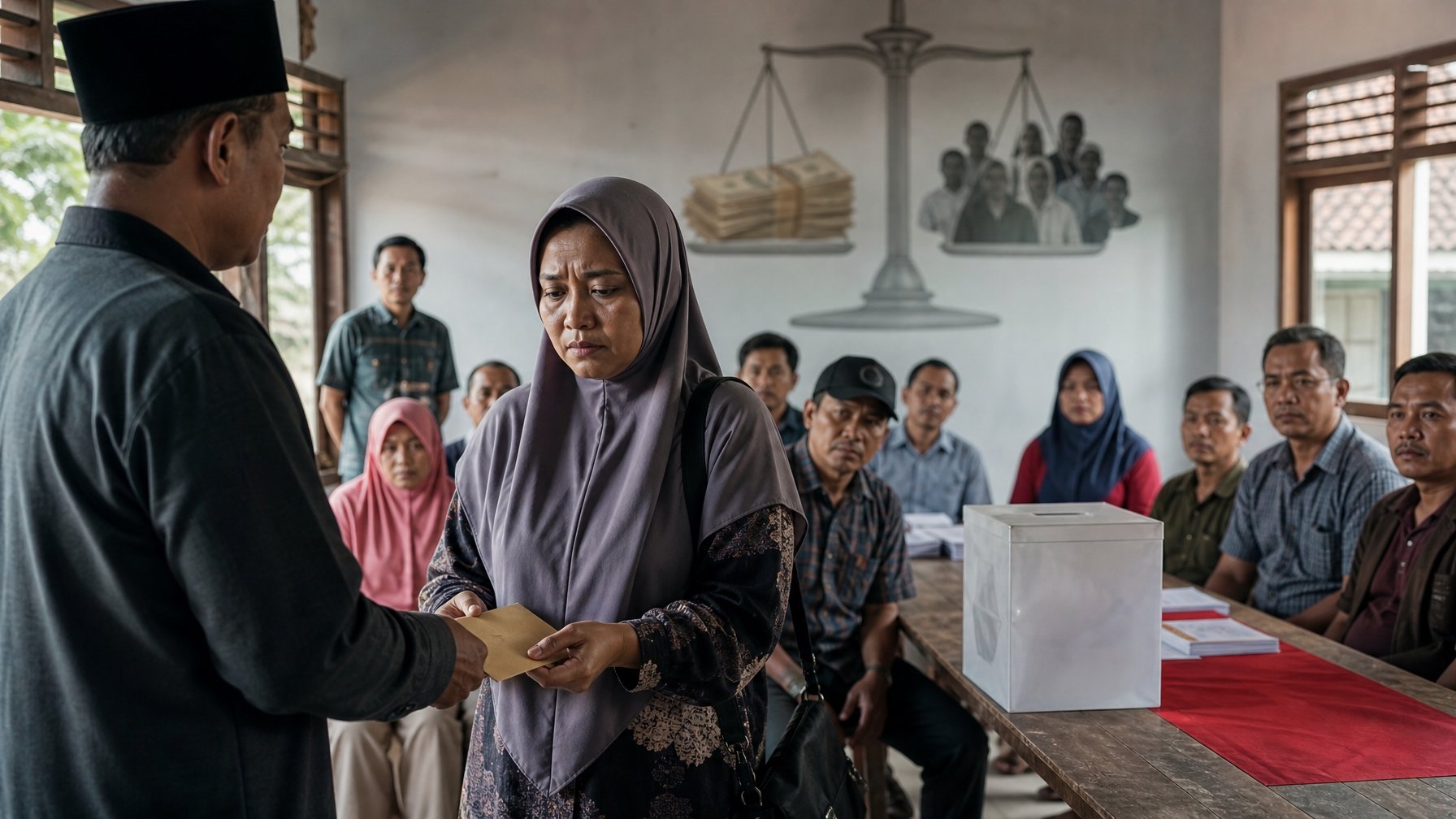 Warga terlihat menerima amplop secara diam-diam dalam suasana pemilihan daerah, sementara warga lain mengamati dengan cemas di dekat kotak suara.