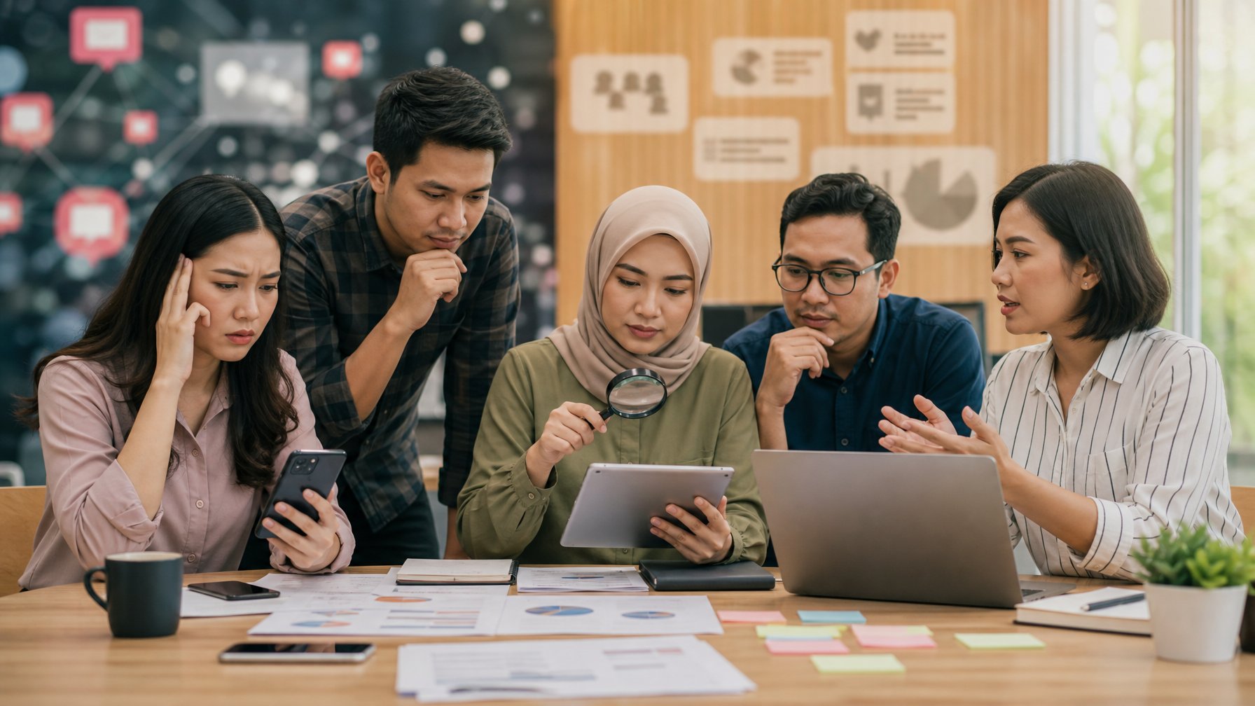 Sekelompok orang Indonesia memeriksa informasi di perangkat digital sambil berdiskusi dan memverifikasi fakta.
