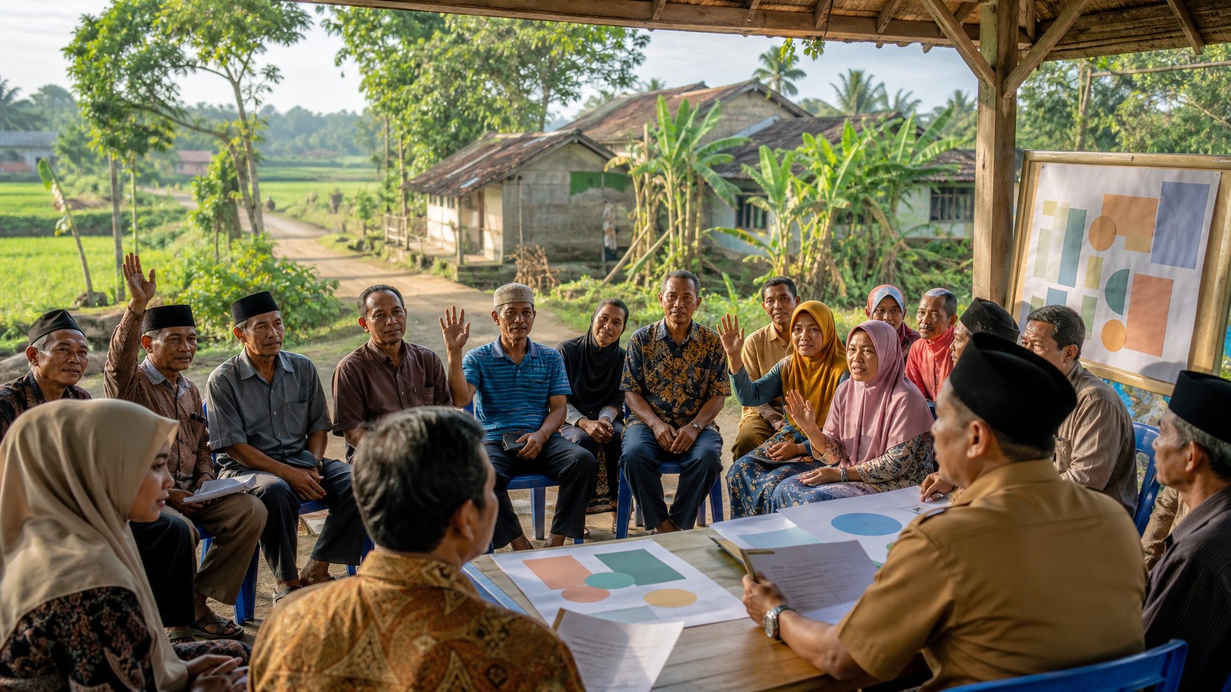 Warga desa berdiskusi bersama seorang pejabat desa dalam pertemuan komunitas di lingkungan pedesaan Indonesia.