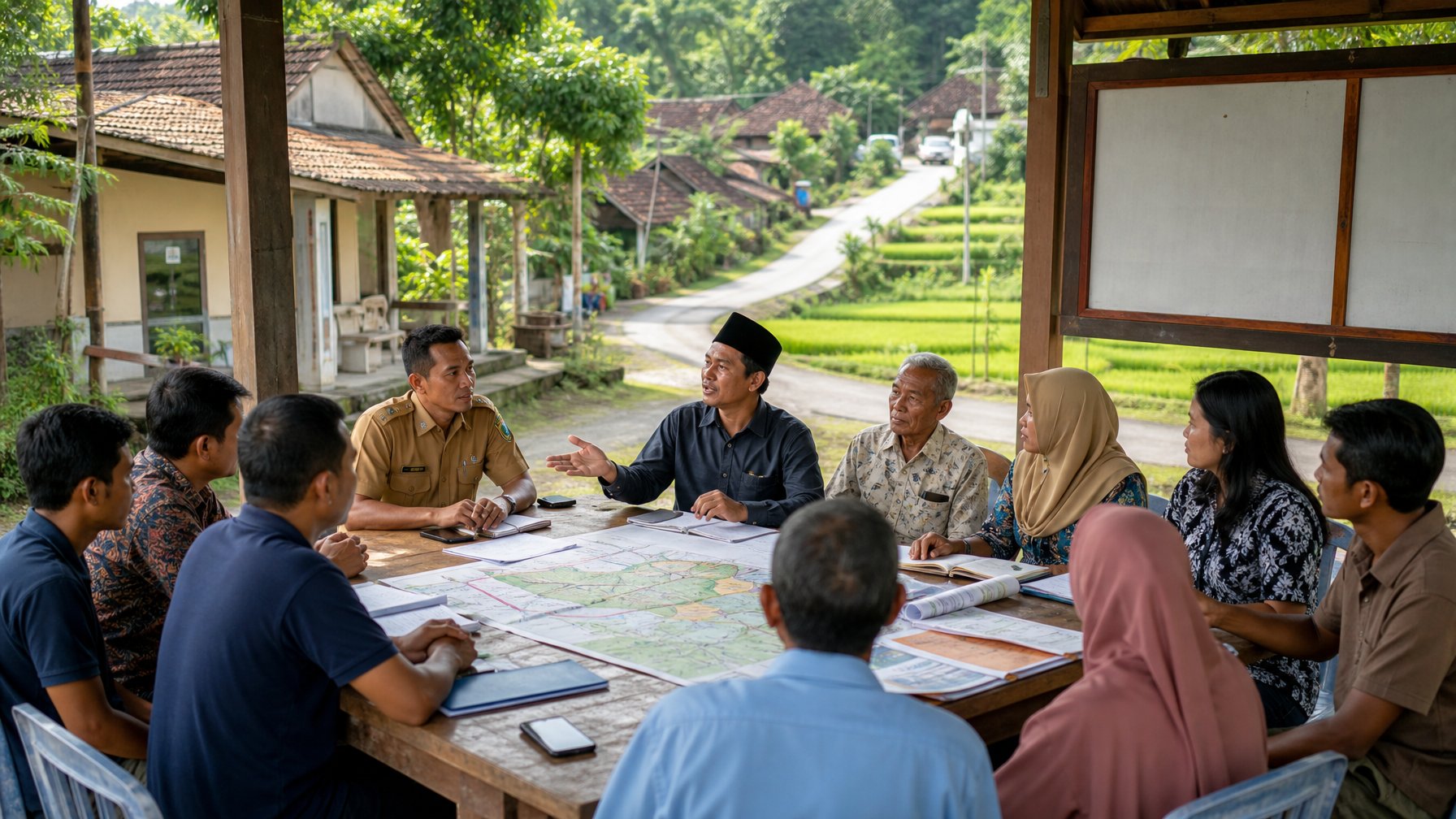 Warga dan perangkat desa berdiskusi bersama mengenai rencana pembangunan di balai desa.