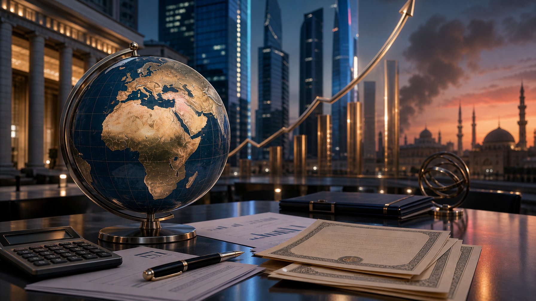Globe dan dokumen keuangan berada di meja di depan gedung-gedung modern, dengan suasana tegang dan cahaya yang melambangkan kenaikan biaya utang akibat krisis geopolitik.