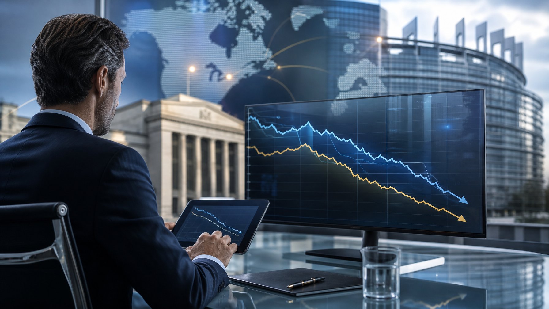 Analis ekonomi mengamati grafik tren penurunan suku bunga Amerika Serikat dan Eropa di ruang kantor modern.