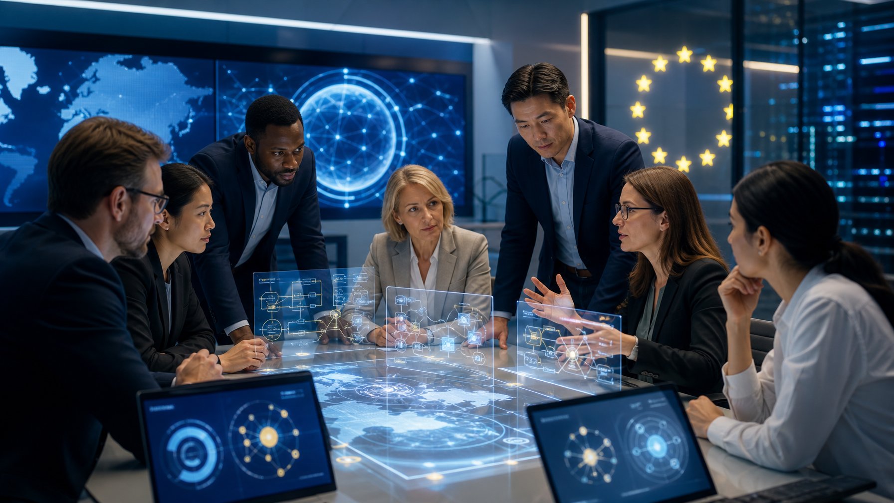 Tim profesional internasional membahas tata kelola dan kepatuhan AI di ruang kantor modern dengan visualisasi data dan globe digital.