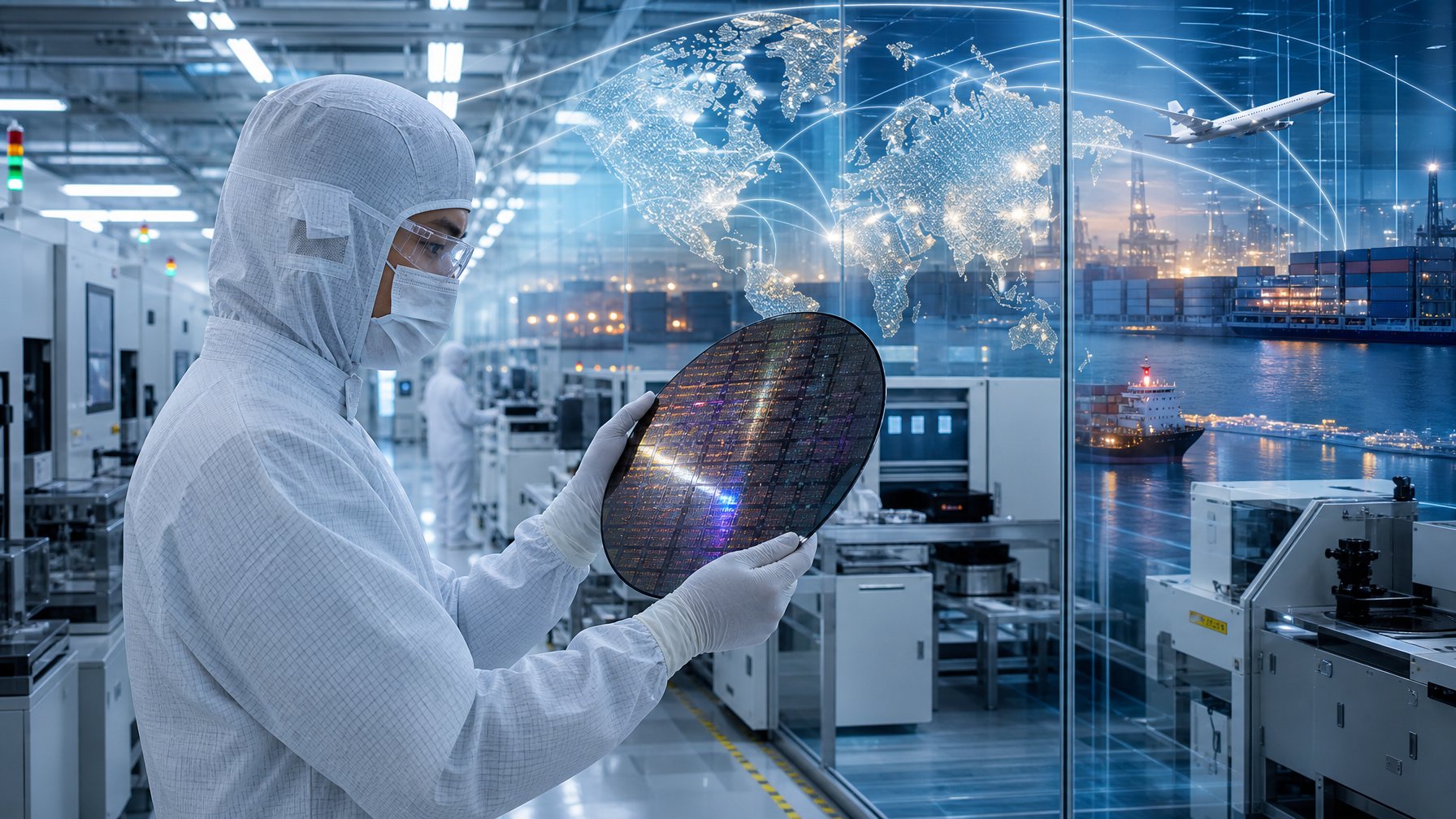 Teknisi ruang bersih memeriksa wafer silikon di fasilitas produksi semikonduktor modern dengan peralatan industri dan jalur logistik di latar belakang.