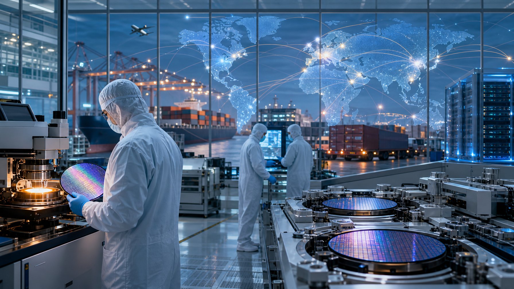 Insinyur di fasilitas manufaktur chip memeriksa wafer dan mesin produksi, dengan jaringan logistik global terlihat di latar belakang.