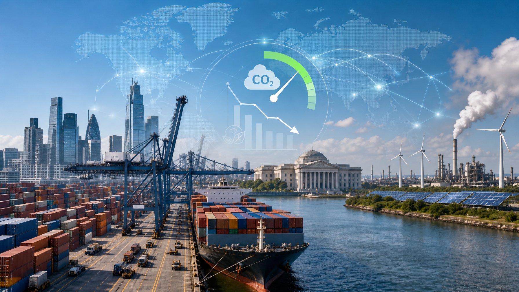 Pelabuhan kontainer modern dengan kapal kargo, kawasan industri, energi terbarukan, dan elemen peta dunia yang menggambarkan perdagangan global serta kebijakan emisi karbon.