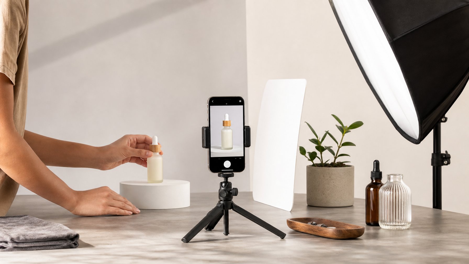 Seseorang menata produk kecil di atas meja dan memotretnya dengan smartphone menggunakan tripod, lampu lembut, dan latar putih.