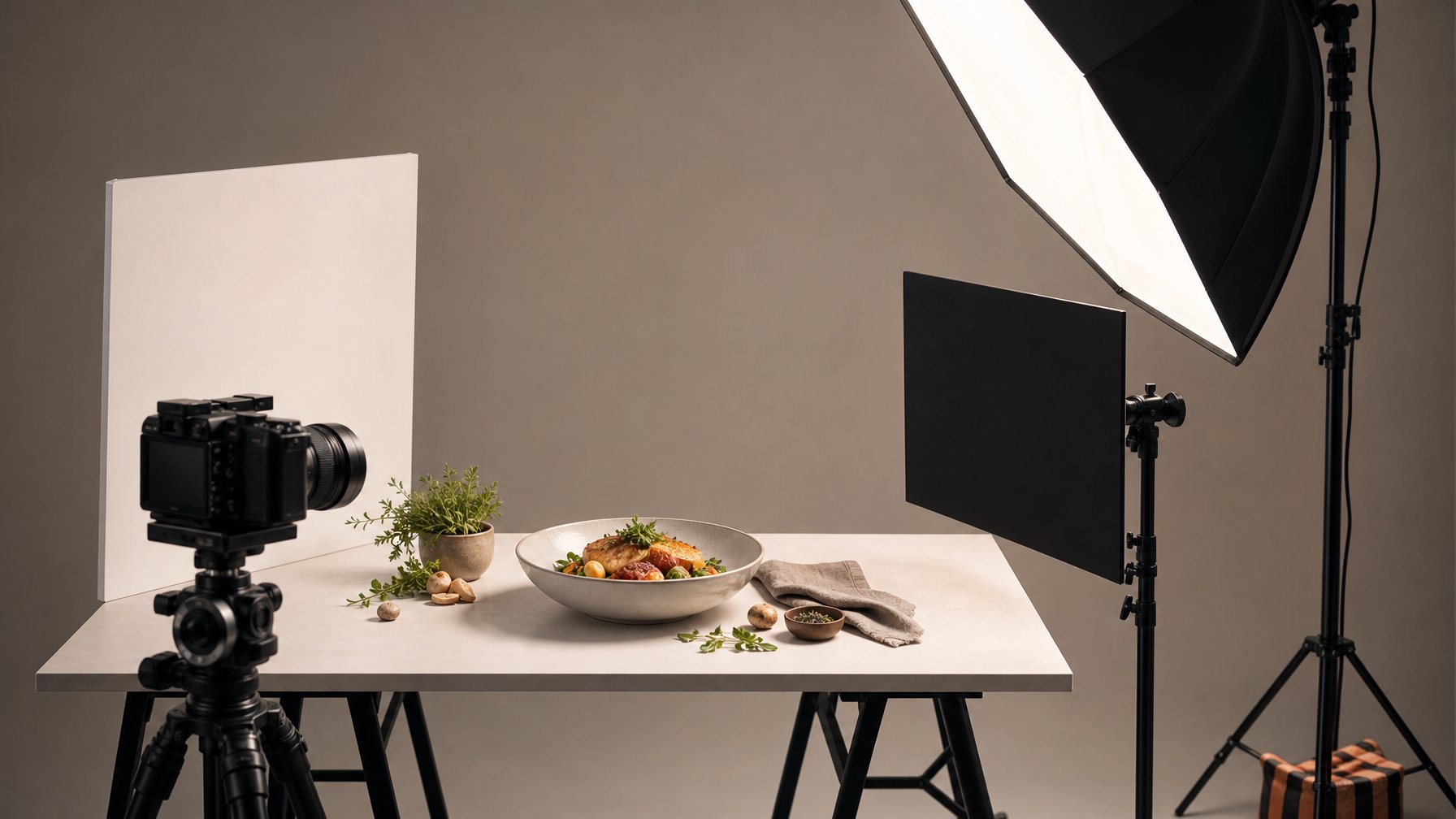 Peralatan pencahayaan studio mengelilingi hidangan makanan yang tertata rapi di atas meja putih.