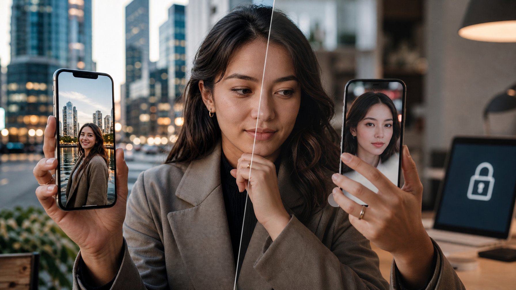 Seseorang membandingkan hasil kamera AI pada dua smartphone dengan tampilan foto yang berbeda.