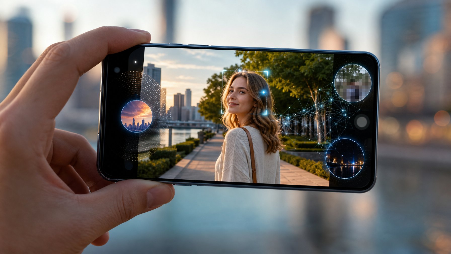 Seseorang menggunakan kamera ponsel pintar modern untuk memotret pemandangan dengan fitur AI.
