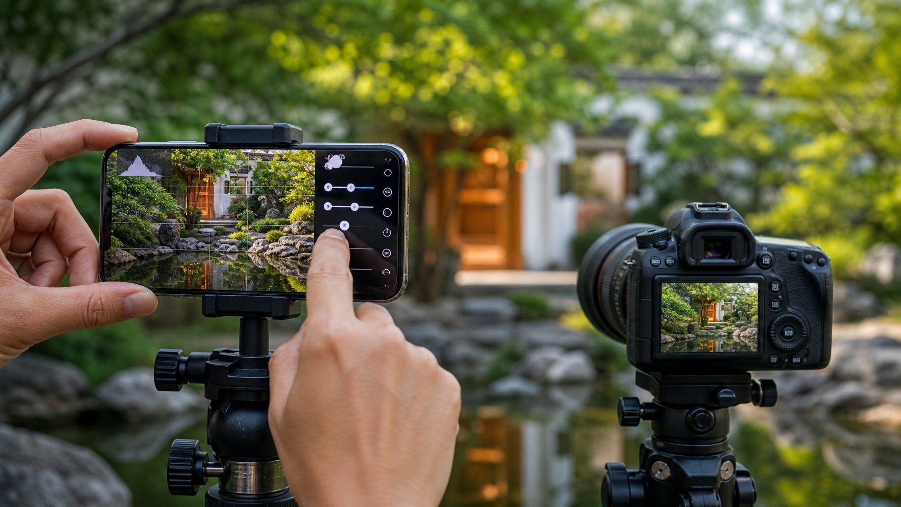 Seseorang mengatur kamera ponsel di samping kamera DSLR yang dipasang pada tripod untuk memotret pemandangan luar ruangan.