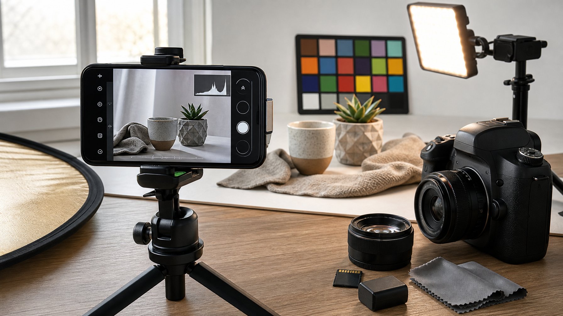 Ponsel di tripod berada di samping kamera DSLR dan perlengkapan fotografi, mengarah ke benda-benda yang tertata di meja.