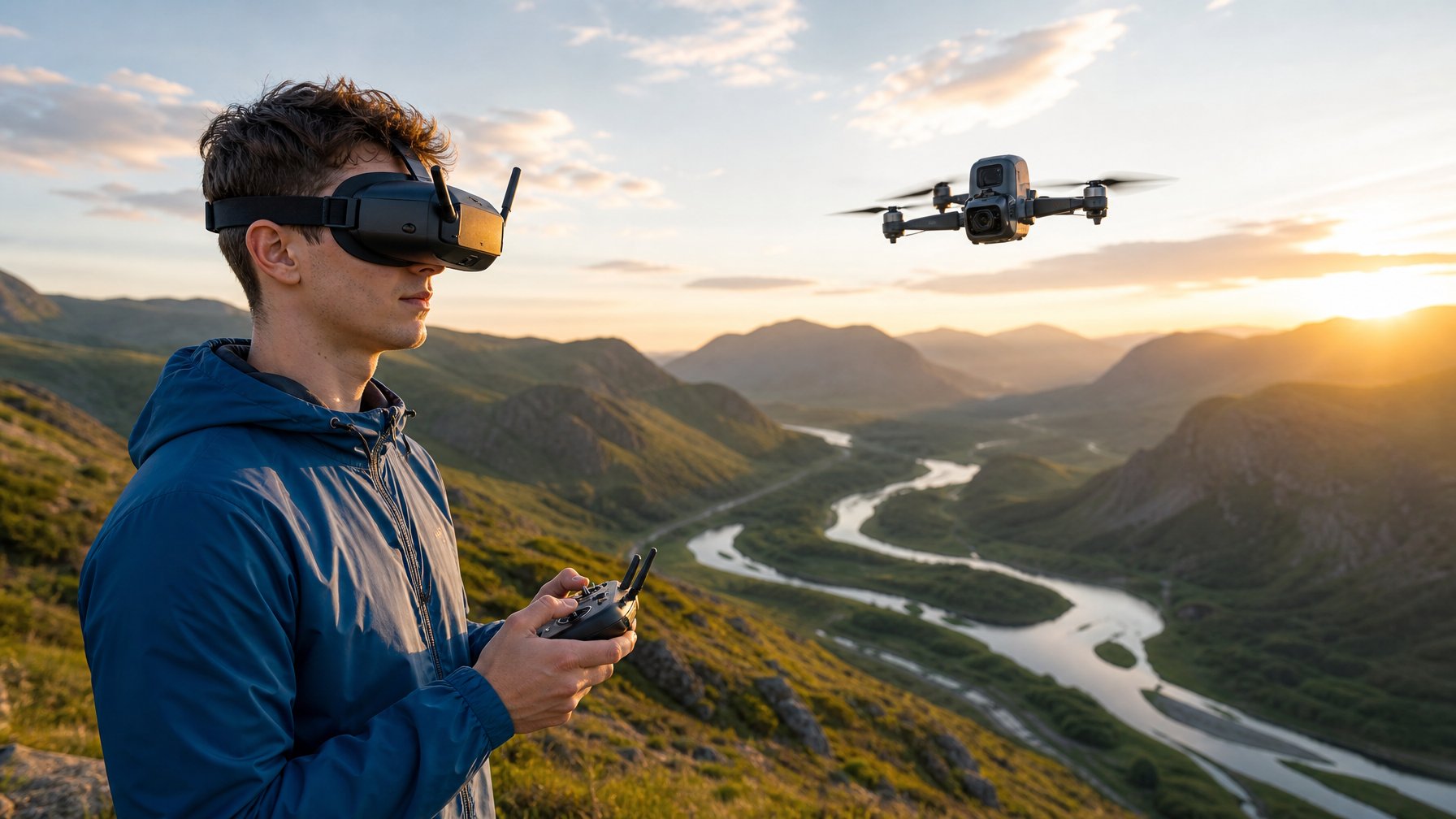 Seorang pemula menerbangkan drone FPV dengan headset dan pengendali di lanskap perbukitan yang indah.