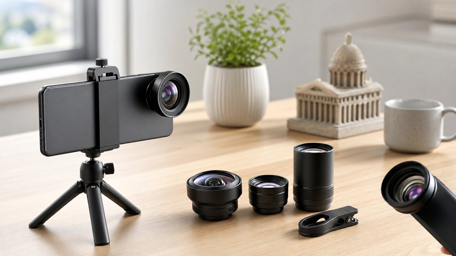 Ponsel di tripod dikelilingi beberapa lensa tambahan dengan berbagai bentuk dan ukuran.