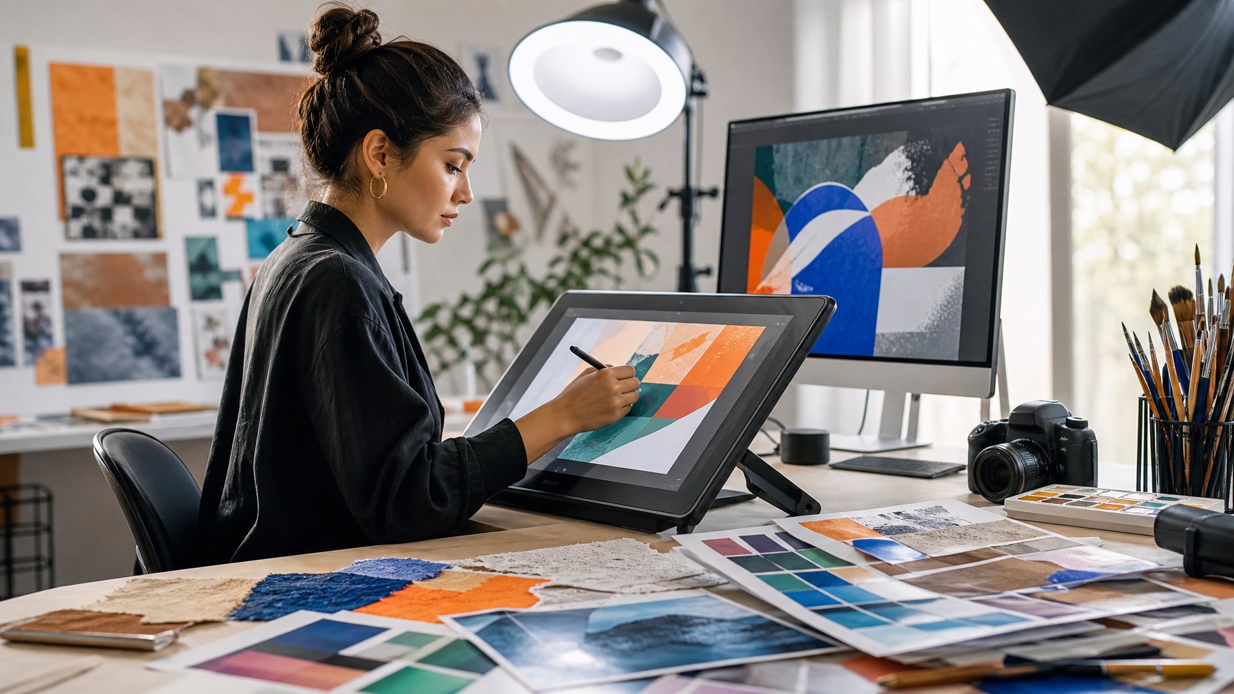 Seorang seniman bekerja dengan tablet gambar di studio yang dikelilingi berbagai bahan dan peralatan seni.