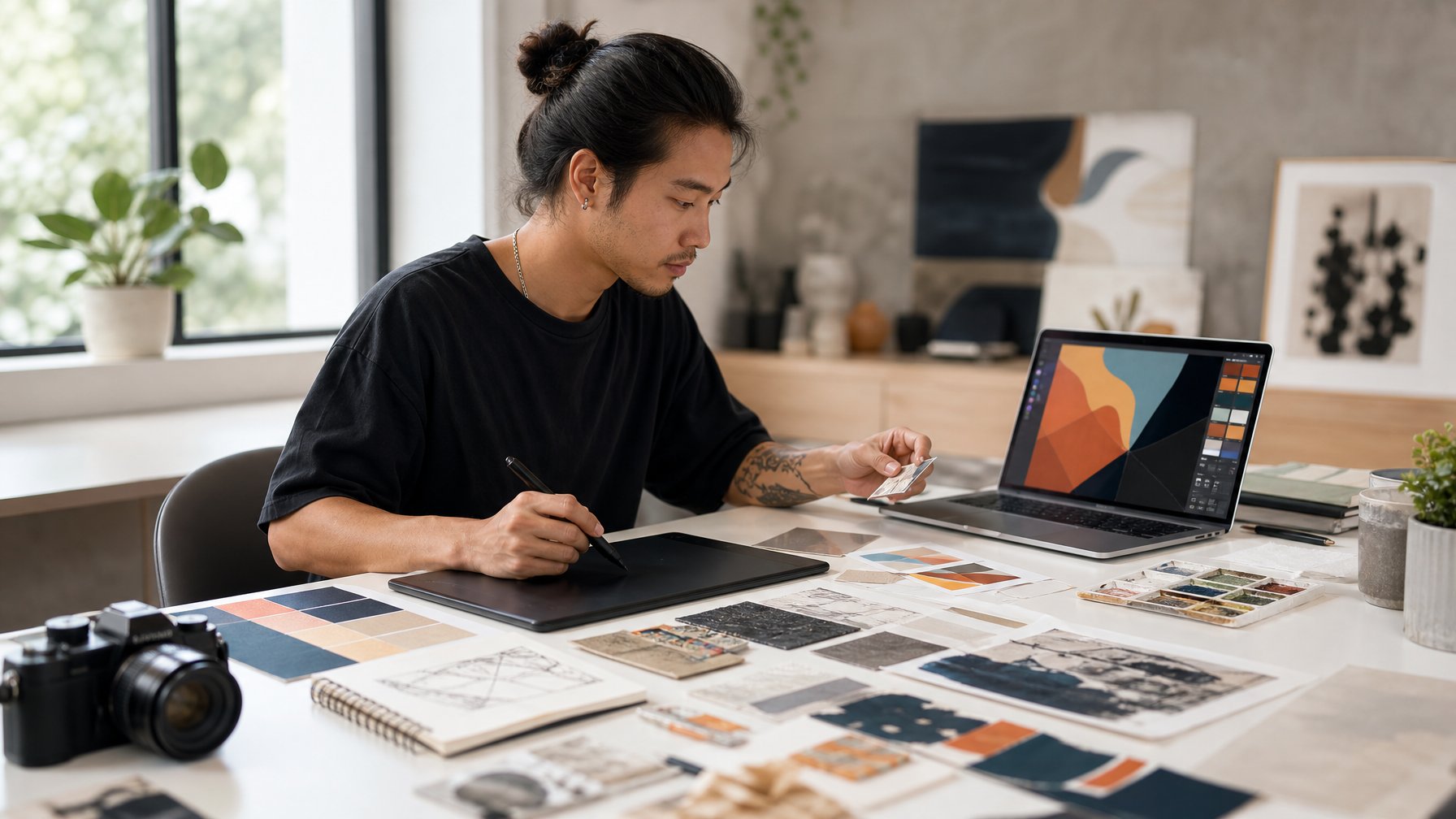 Seorang seniman mengembangkan karya visual di meja kerja dengan tablet gambar, sketsa, dan contoh warna.