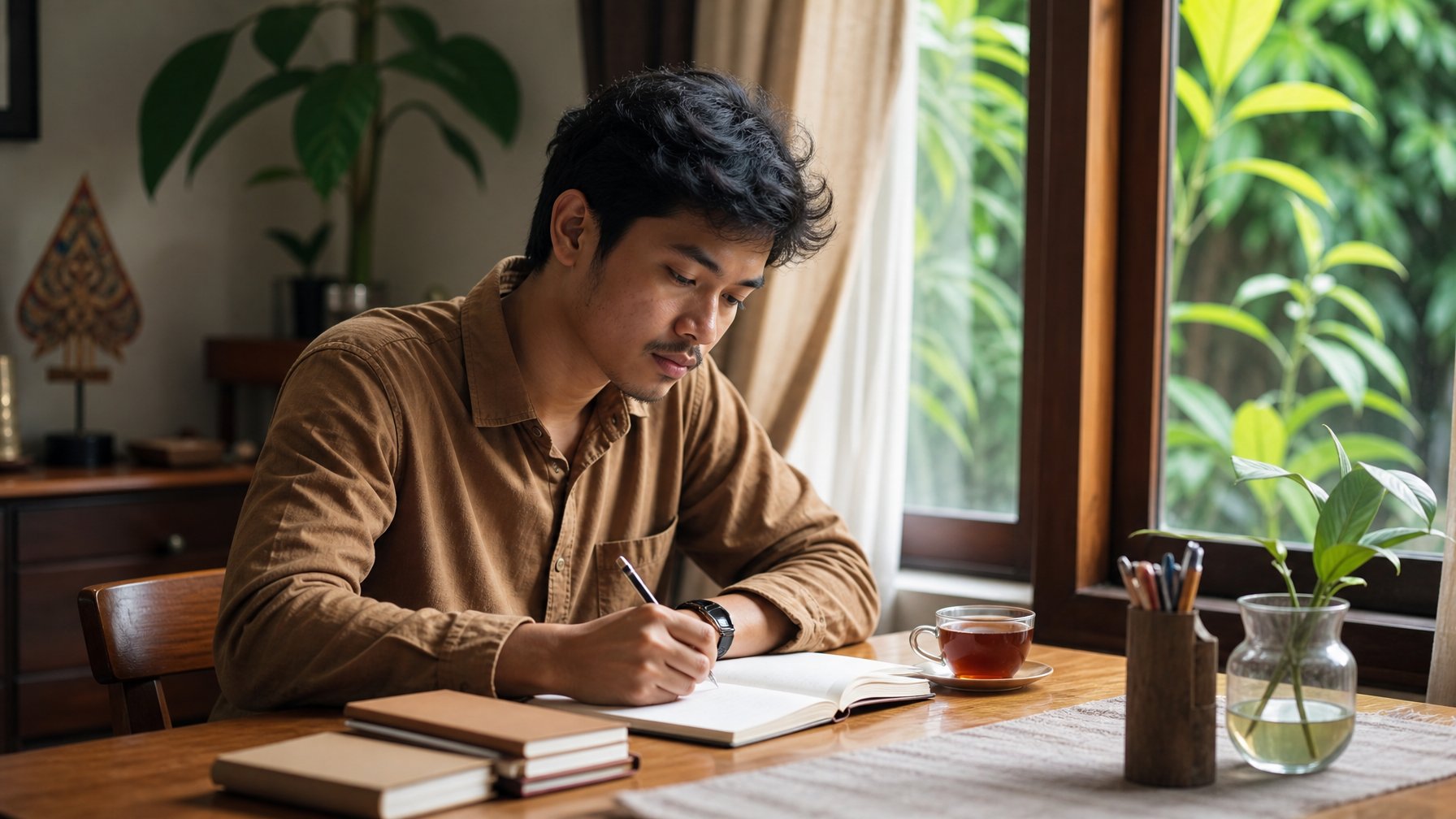 Seseorang duduk di dekat jendela sambil menulis di buku catatan dalam suasana tenang.