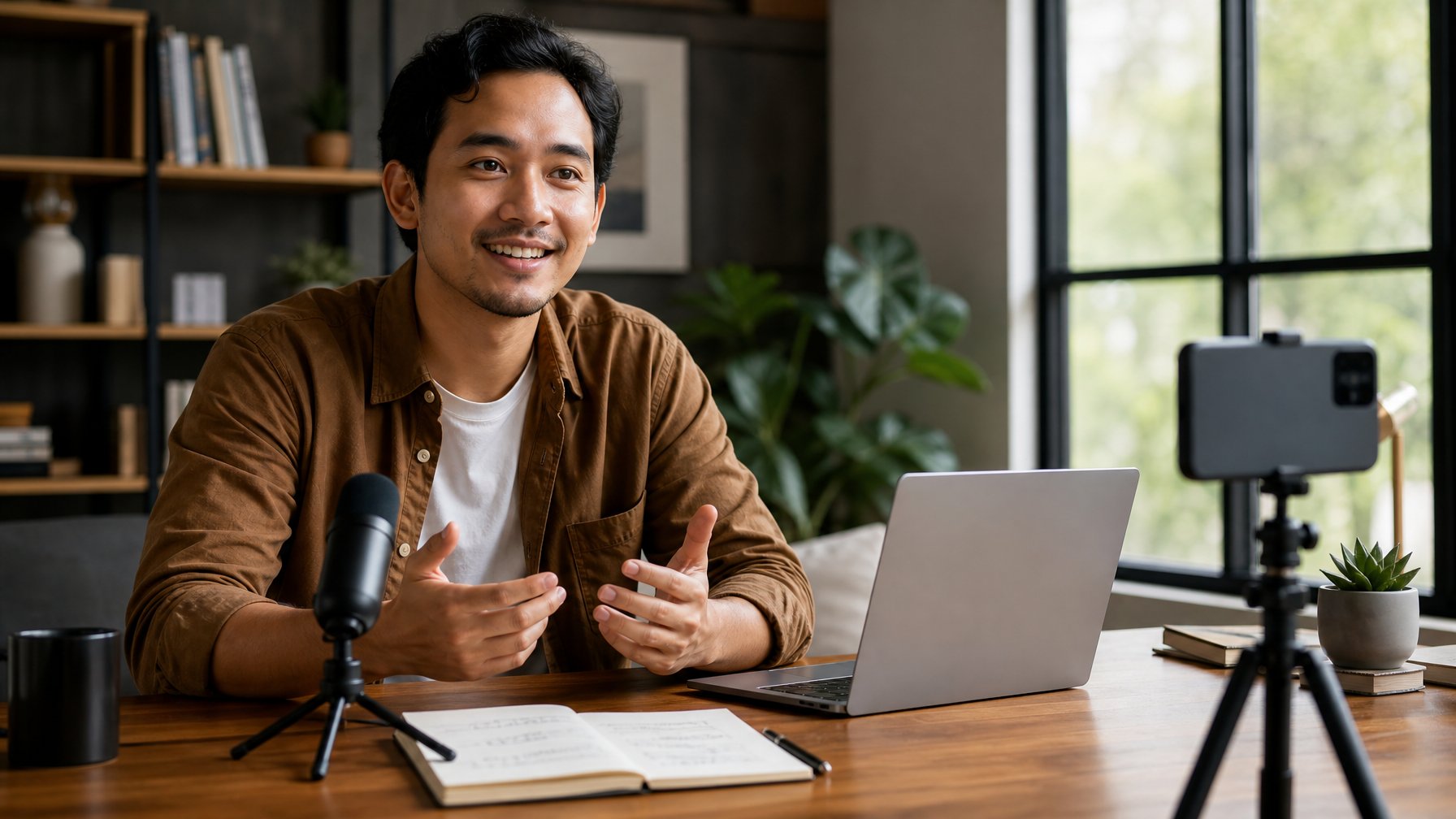 Seorang profesional muda tampil percaya diri dan alami di ruang kerja modern dengan kamera, laptop, dan buku catatan.