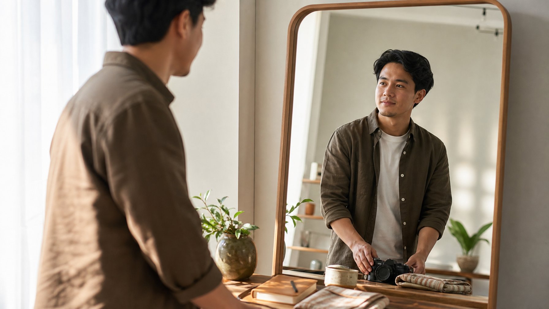 Seorang profesional muda menata benda-benda bermakna di ruang kerja terang sambil melihat refleksinya di cermin.