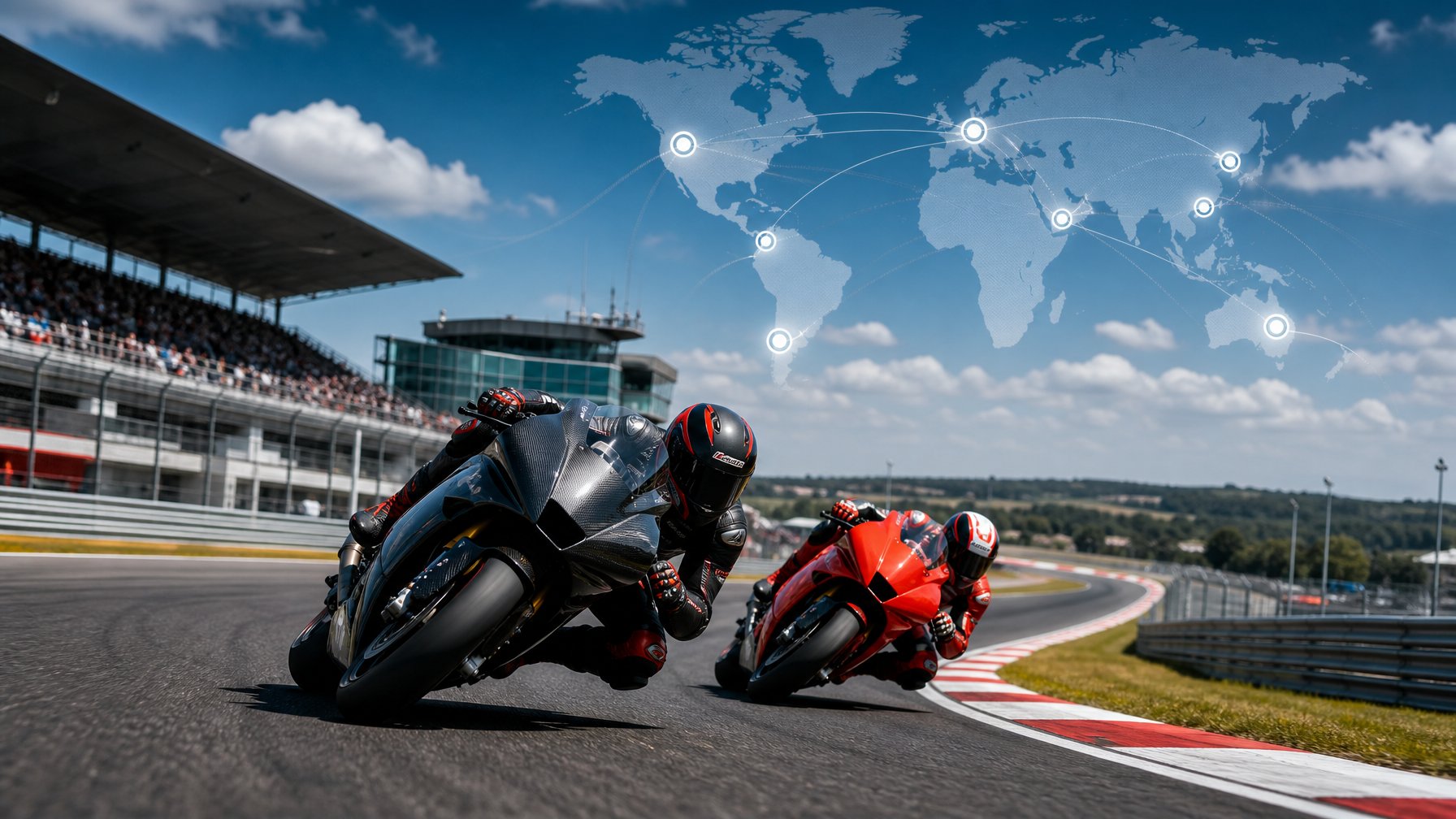 Dua motor MotoGP melaju di tikungan sirkuit dengan latar fasilitas balap dan penanda lokasi global.
