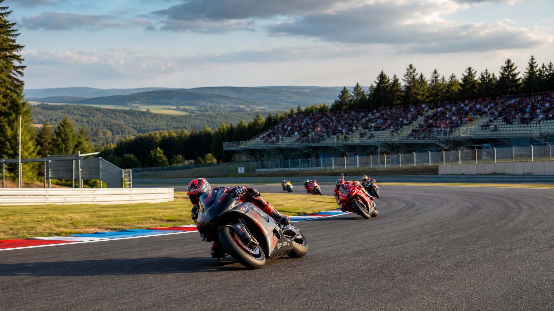 Beberapa pembalap MotoGP melaju di tikungan Sirkuit Brno yang dikelilingi pepohonan dan tribun penonton.