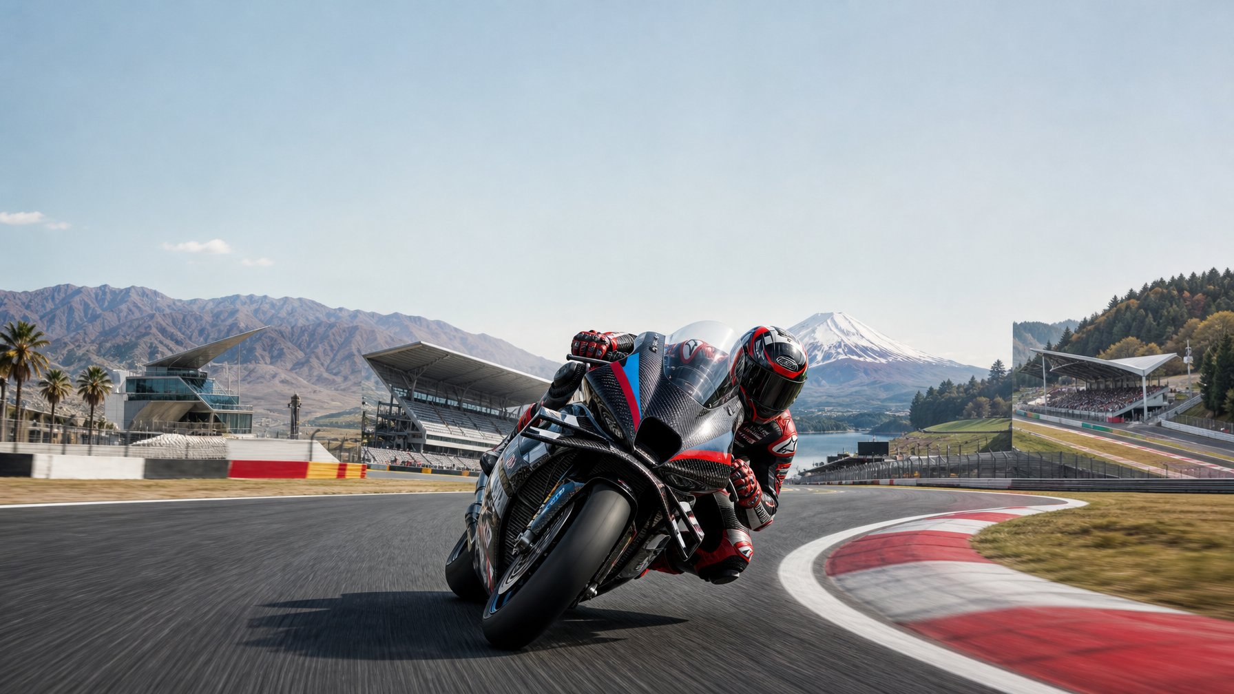 Pembalap MotoGP melaju cepat melewati tikungan sirkuit dengan latar berbagai fasilitas lintasan balap.