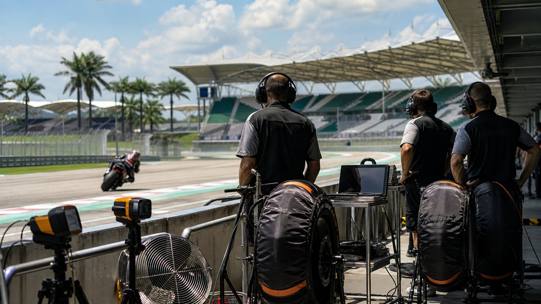Pembalap motor melaju di tikungan Sirkuit Sepang yang panas, dengan ban balap dan peralatan pemantauan suhu terlihat di pit lane.