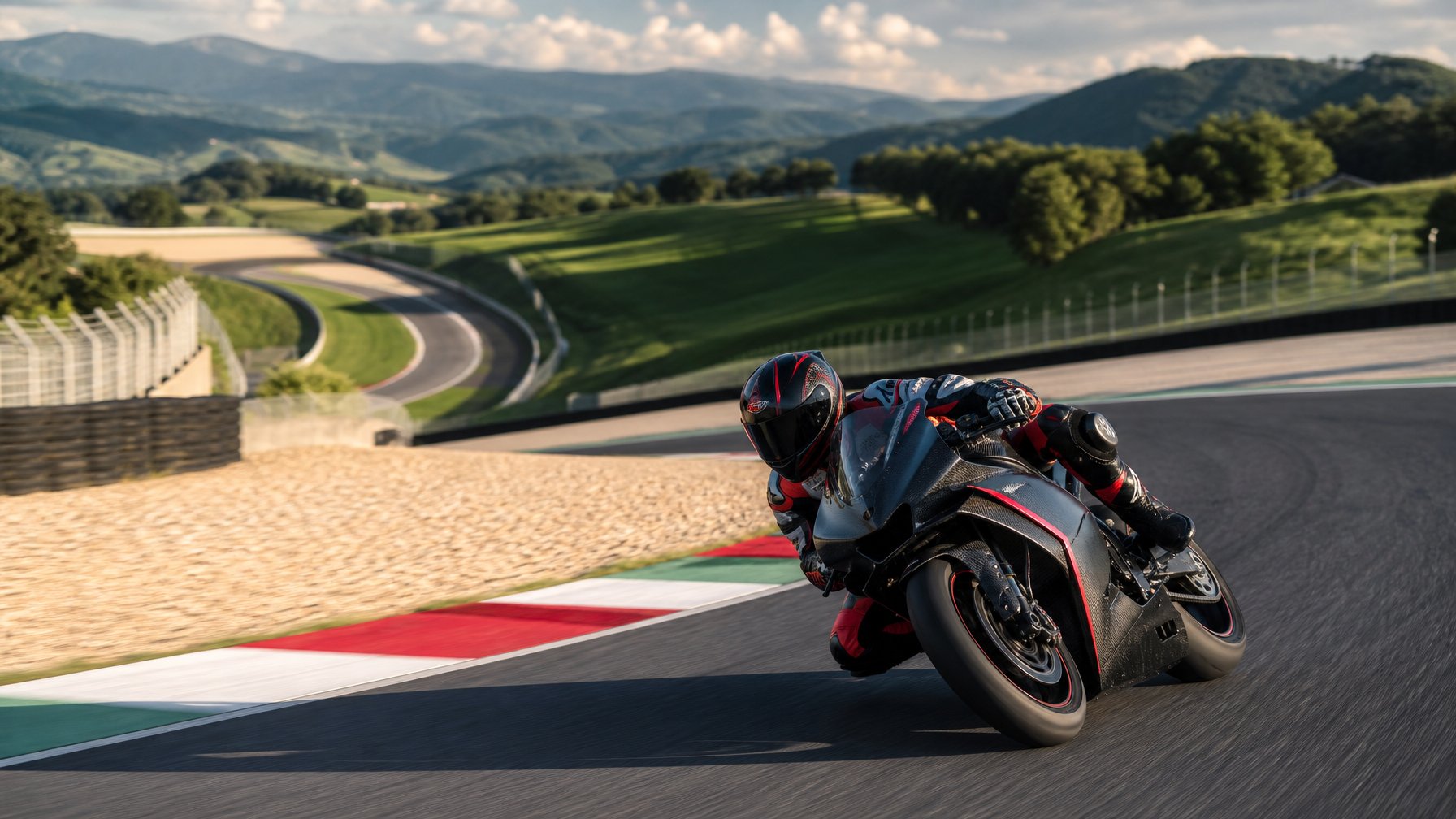 Pembalap MotoGP menikung tajam di Sirkuit Mugello yang dikelilingi perbukitan hijau.