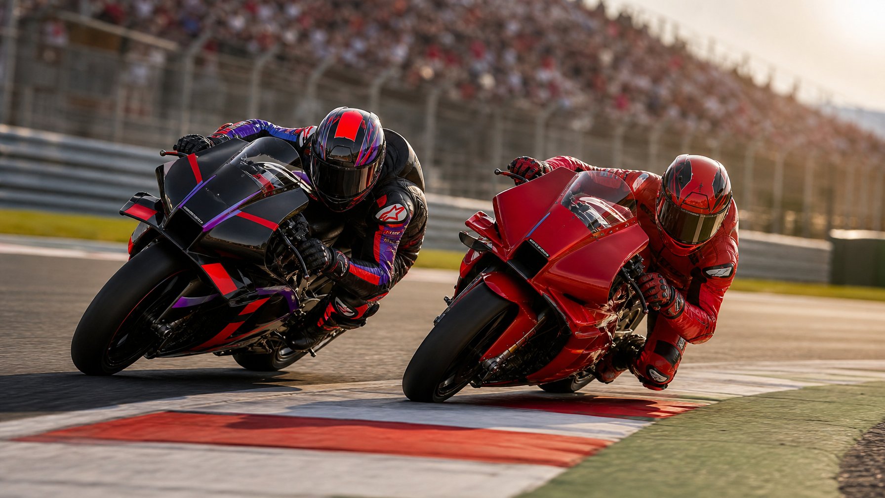 Dua pembalap MotoGP melaju berdampingan saat menikung di lintasan balap.