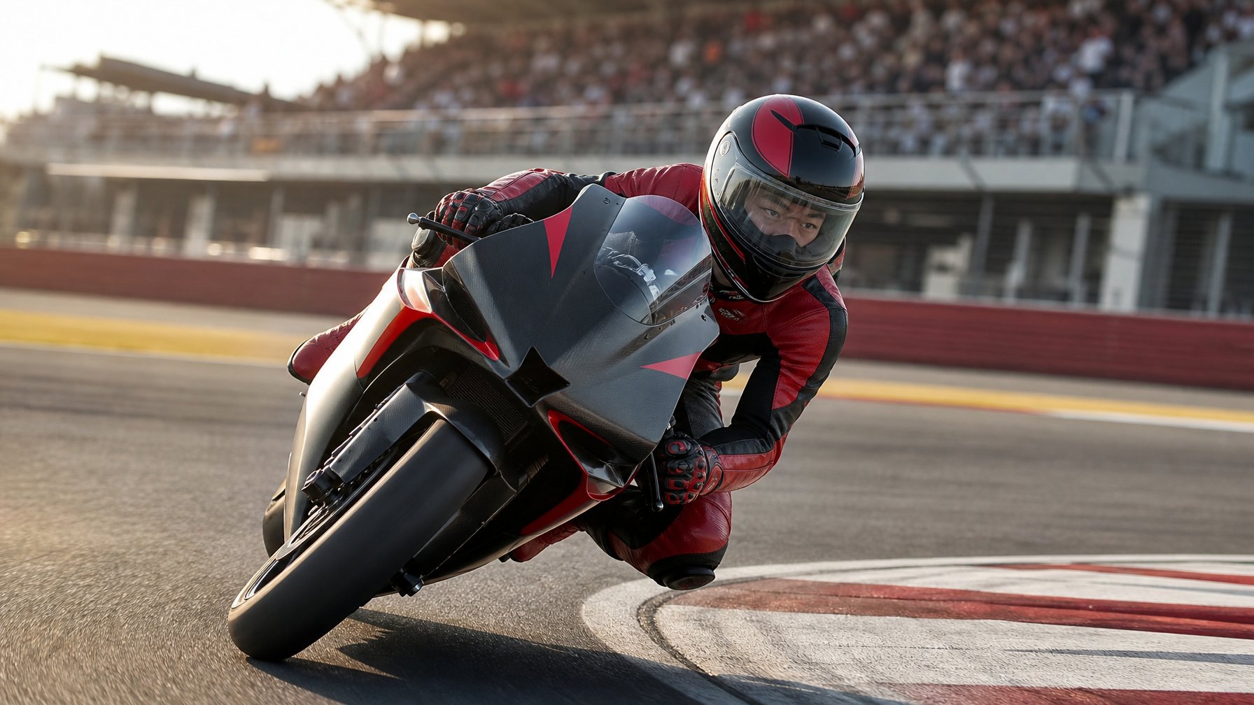 Pembalap rookie Jepang melaju dengan sepeda motor balap di tikungan sirkuit MotoGP.