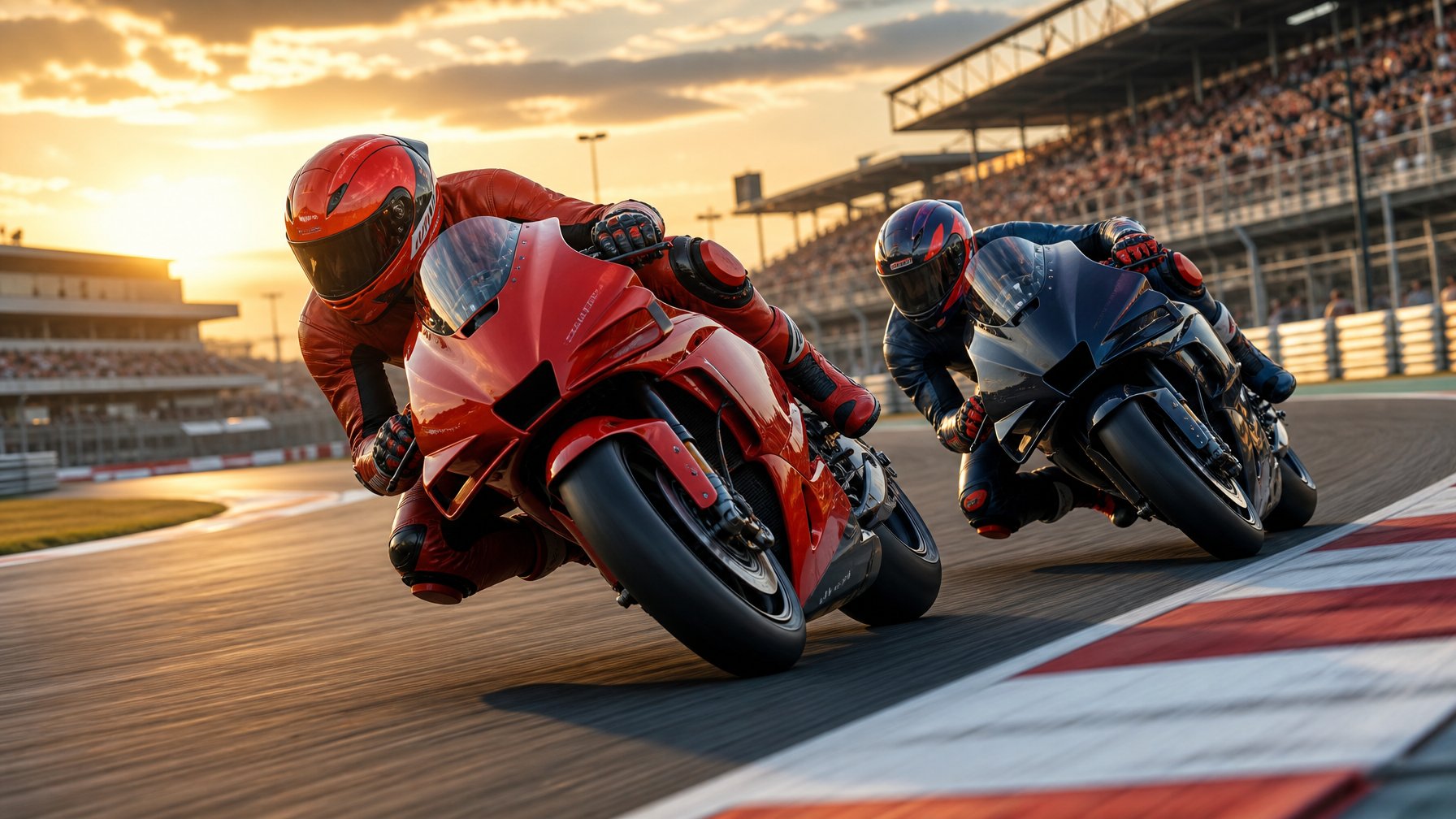 Dua pembalap MotoGP bersaing ketat saat menikung di sirkuit.